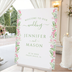Elegant Pink Green Floral Wedding Welcome Sign