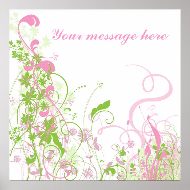 Elegant Pink & Green Florals & Swirls Poster (Front)