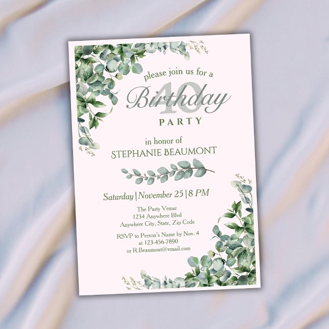 Elegant Pink Green Flower Women's 40th Birthday  Invitation (Creator Uploaded)