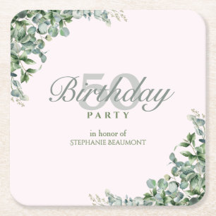Elegant Pink Green Flower Women's 50th Birthday Square Paper Coaster
