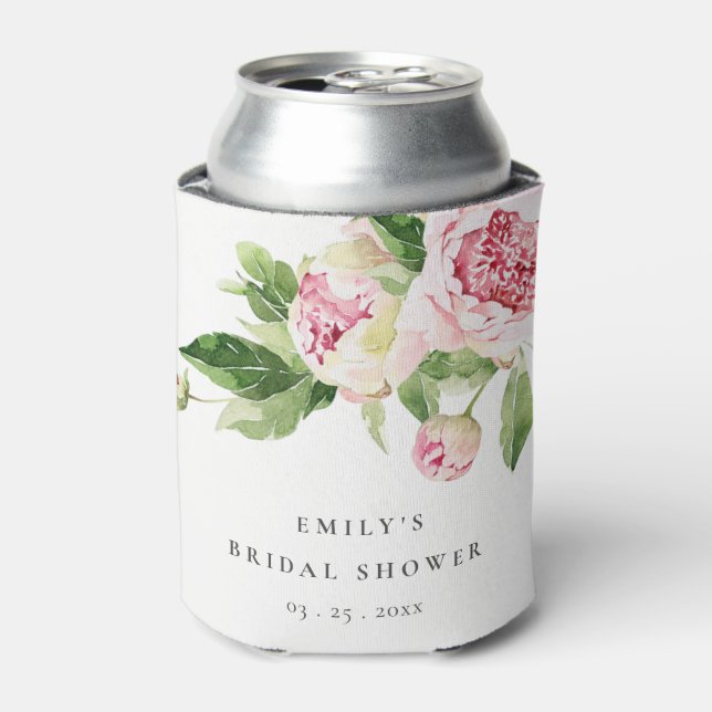 Elegant Pink Green Peony Floral Bridal Shower Can Cooler (Can Front)
