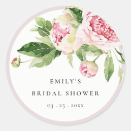 Elegant Pink Green Peony Floral Bridal Shower Classic Round Sticker