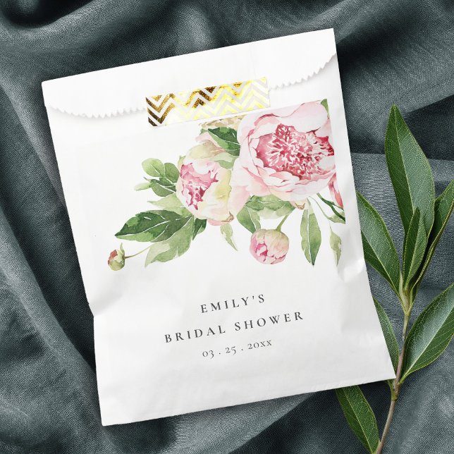 Elegant Pink Green Peony Floral Bridal Shower Favor Bag (Creator Uploaded)