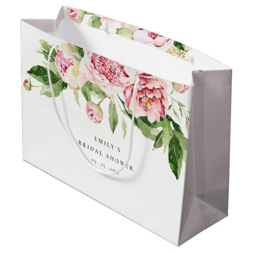 Elegant Pink Green Peony Floral Bridal Shower Large Gift Bag