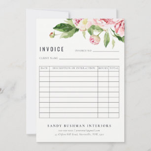 Elegant Pink Green Peony Floral Invoice Receipt Invitation