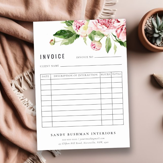 Elegant Pink Green Peony Floral Invoice Receipt Note Card (Creator Uploaded)