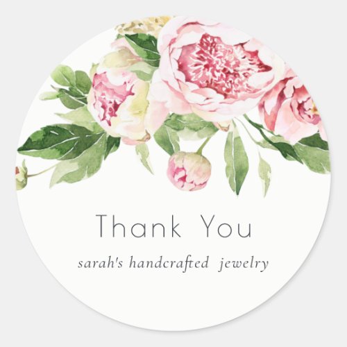 Elegant Pink Green Peony Floral Thank You Business Classic Round Sticker