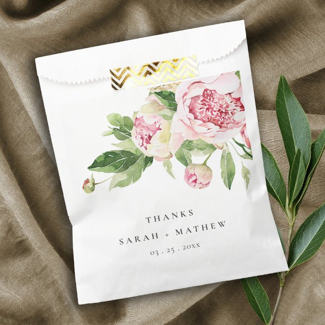 Elegant Pink Green Peony Floral Thanks Wedding Favor Bag (Creator Uploaded)