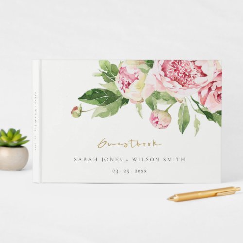 Elegant Pink Green Peony Floral Thanks Wedding Guest Book