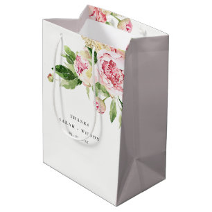 Elegant Pink Green Peony Floral Thanks Wedding Medium Gift Bag