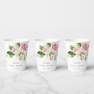 Elegant Pink Green Peony Floral Thanks Wedding Paper Cups