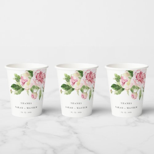 Elegant Pink Green Peony Floral Thanks Wedding Paper Cups