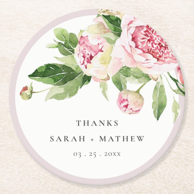 Elegant Pink Green Peony Floral Thanks Wedding Round Paper Coaster (Front)