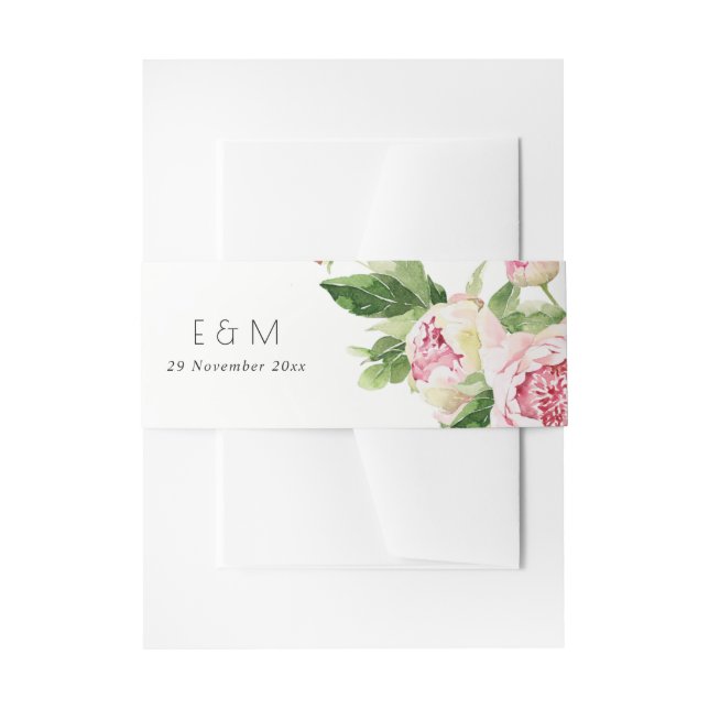ELEGANT PINK GREEN PEONY FLORAL WATERCOLOR WEDDING INVITATION BELLY BAND (Front Example)