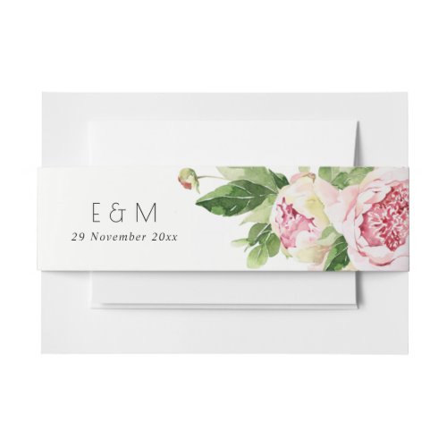 ELEGANT PINK GREEN PEONY FLORAL WATERCOLOR WEDDING INVITATION BELLY BAND
