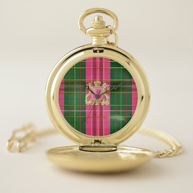 Elegant Pink & Green Plaid with Monogram Crest Pocket Watch (Inside)