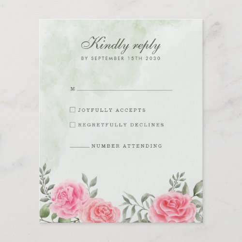 Elegant Pink Green Rose Floral Wedding RSVP Flyer