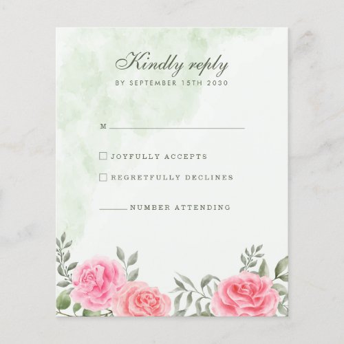 Elegant Pink Green Rose Floral Wedding RSVP Flyer