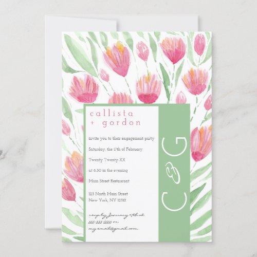 Elegant Pink Green Tulip Floral Watercolor Wedding Invitation