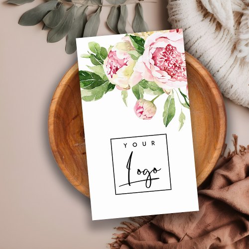 Elegant Pink Green Watercolor Peony Floral Logo Business Card