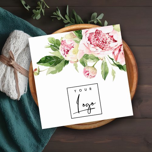 Elegant Pink Green Watercolor Peony Floral Logo Square Business Card