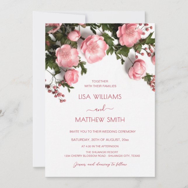 Elegant Pink Greenery 3D Roses Wedding Invitation (Front)