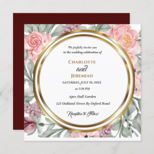 Elegant Pink Greenery Circle Frame Wedding  Invitation