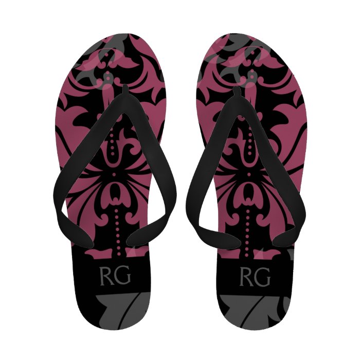 Elegant Pink Grey And Black Damask Monogrammed Sandals