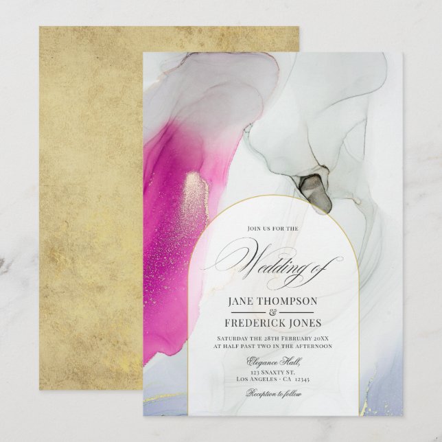 Elegant Pink, Grey, and Gold Alcohol Ink Wedding Invitation (Front/Back)