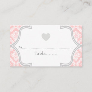 Elegant pink, grey damask wedding place card