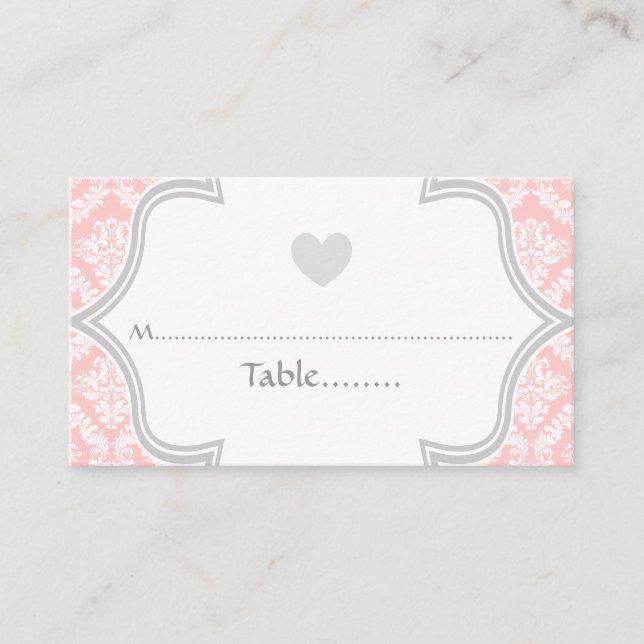 Elegant pink, grey damask wedding place card (Front)