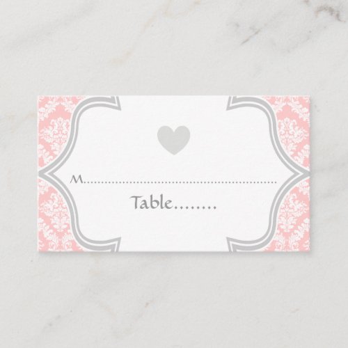 Elegant pink, grey damask wedding place card business card template