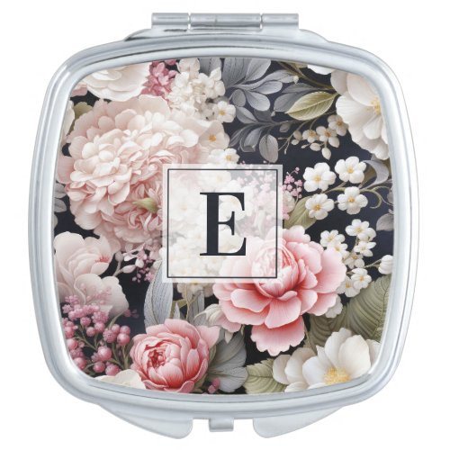 Elegant Pink Grey Floral Monogram Compact Mirror