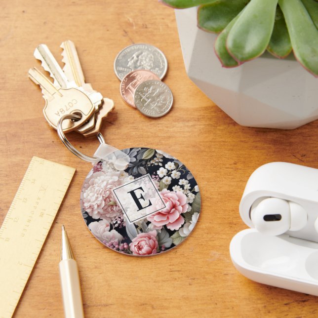 Elegant Pink Grey Floral Monogram Keychain (Desk)