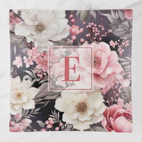 Elegant Pink Grey Floral Monogram Trinket Tray