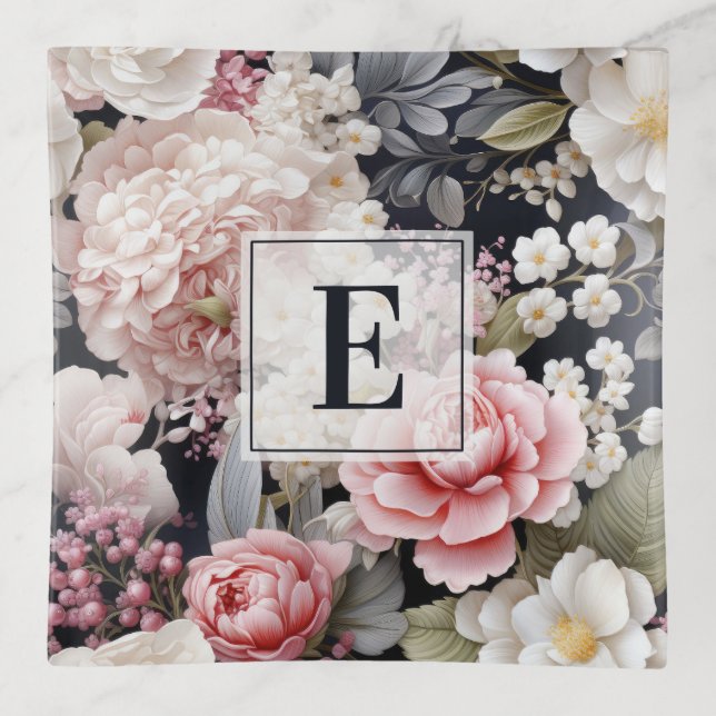Elegant Pink Grey Floral Monogram Trinket Tray (Front)