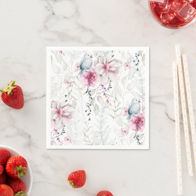 Elegant Pink Grey Floral White Dove Wedding Napkins (Insitu)