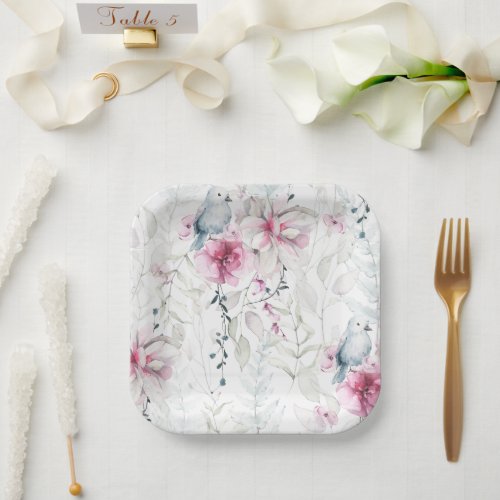 Elegant Pink Grey Floral White Dove Wedding Paper Plates