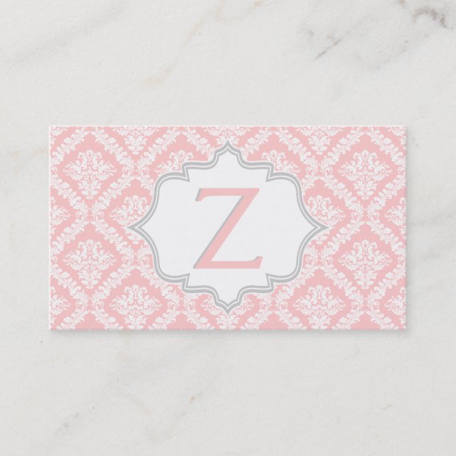 Elegant pink, grey, ivory damask pattern monogram business card (Front)