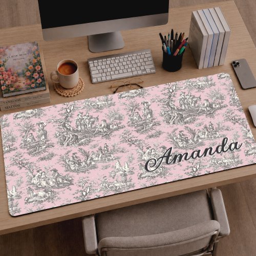 Elegant Pink Grey Monogram Toile de Jouy Desk Mat