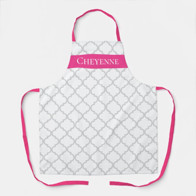 Elegant pink grey quatrefoil pattern kitchen apron (Front)