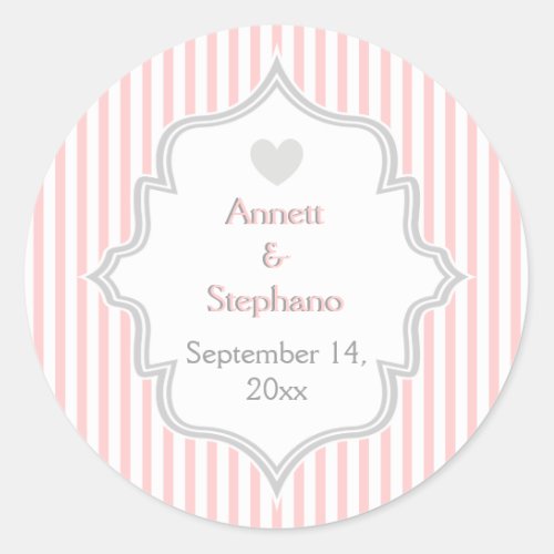 Elegant pink grey stripes wedding Save the Date Classic Round Sticker