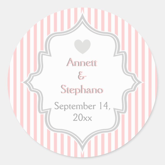 Elegant pink, grey stripes wedding Save the Date Classic Round Sticker (Front)