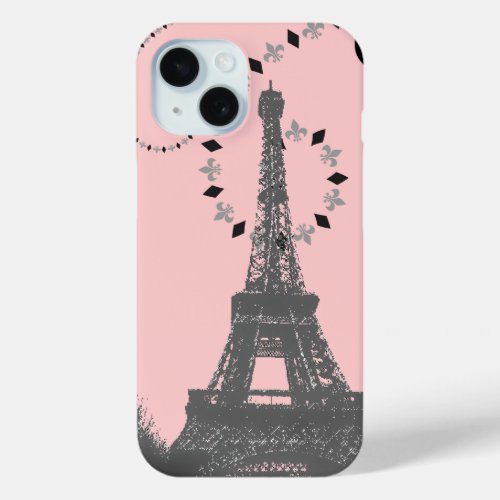 elegant pink grey vintage paris eiffel tower  iPhone 15 case