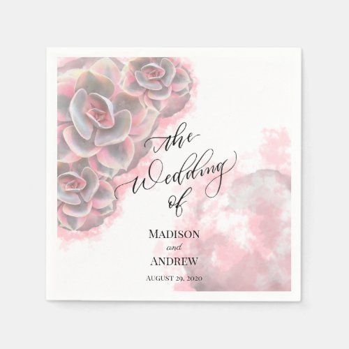 Elegant Pink  Grey Watercolor Succulents Wedding Napkins