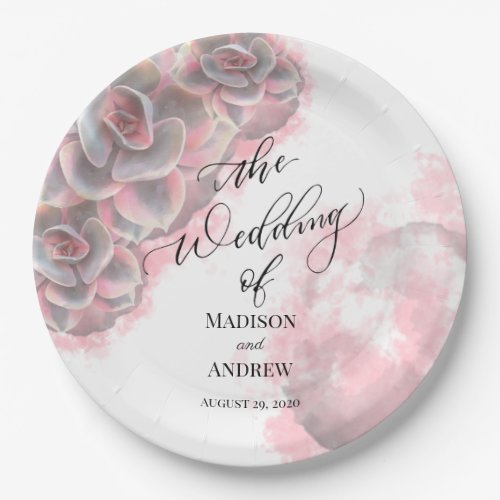 Elegant Pink  Grey Watercolor Succulents Wedding Paper Plates