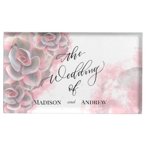 Elegant Pink  Grey Watercolor Succulents Wedding Place Card Holder