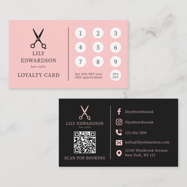 Elegant Pink Hair Stylist Scissors Logo QR Code Loyalty Card (Front/Back)