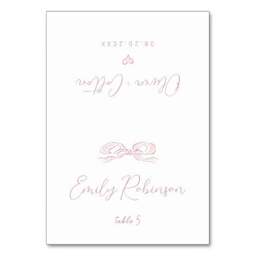 Elegant  Pink Hand Drawn Bow Wedding Foldable Table Number