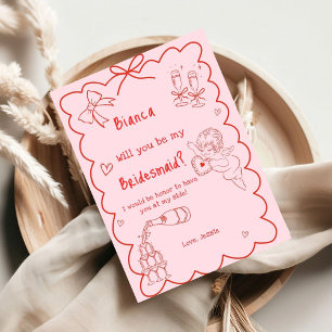 Elegant Pink Hand Drawn Bridesmaid Proposal Card